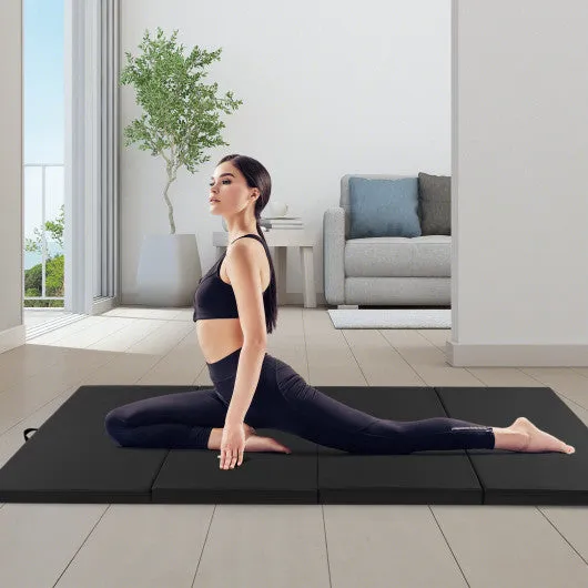 4-Panel PU Leather Folding Exercise Mat with Carrying Handles-Black