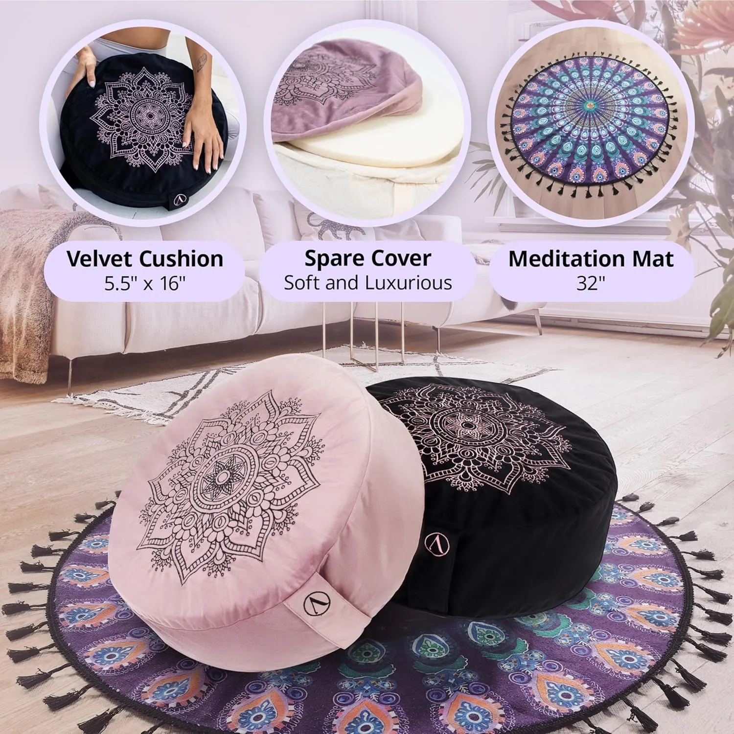 Meditation Pillow Set with Small Meditation Mat & Extra Cushion Cover