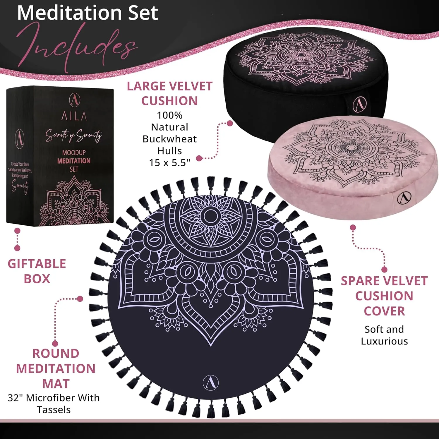 Meditation Pillow Set with Small Meditation Mat & Extra Cushion Cover