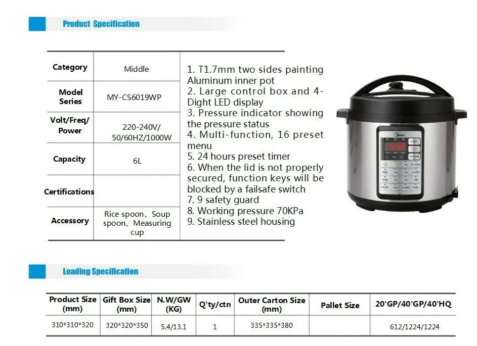 MIDEA SDA Middle 6L Pressure Cooker 24 hours preset timer 4-Dight LED display MY-CS6019WP-K
