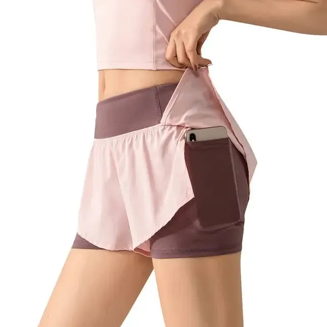 Women 2 In 1 Butt Scrunch Skirted Running Shorts Quick Dry Fake Skirt Sexy Gym Workout Short Pants Yoga Shorts